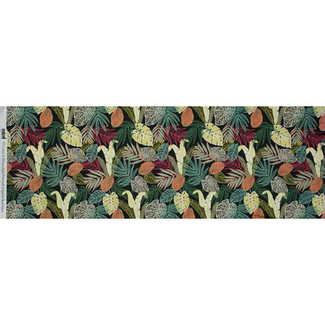 Stretch Cotton Sateen - Black and Green Leaves - Tropikaj Lumoj Print - Mood Exclusive Avenable Collection