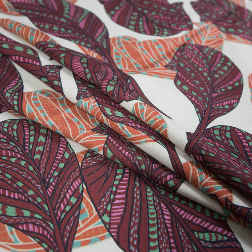 Stretch Cotton Sateen - Peach and Plum Feathers or Leaves - Bright Dead Things Print - Mood Exclusive Avenable Collection