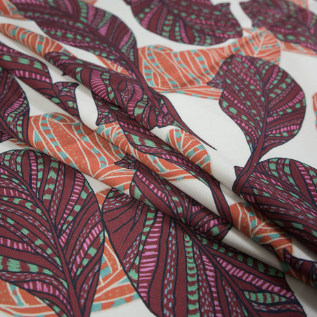 Stretch Cotton Sateen - Peach and Plum Feathers or Leaves - Bright Dead Things Print - Mood Exclusive Avenable Collection