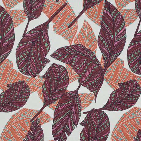 Stretch Cotton Sateen - Peach and Plum Feathers or Leaves - Bright Dead Things Print - Mood Exclusive Avenable Collection