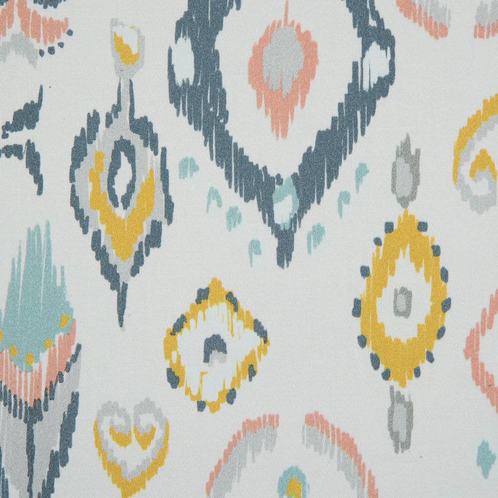 Stretch Cotton Sateen - Off-White, Blue and Yellow Ikat Diamonds - Amo de Grandeco Print - Mood Exclusive Avenable Collection