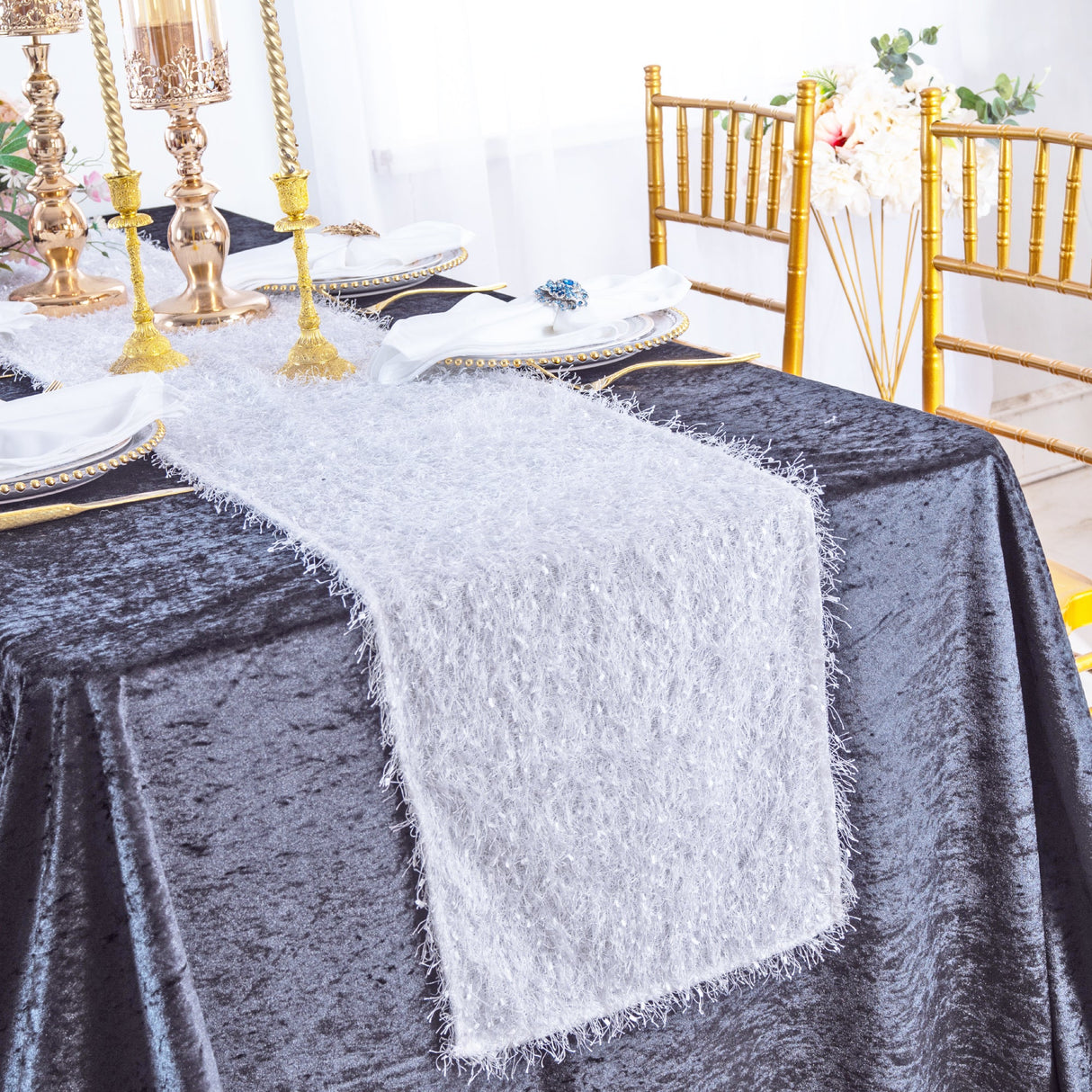 Shaggy Plush Fringe Table Runner 13x108 White