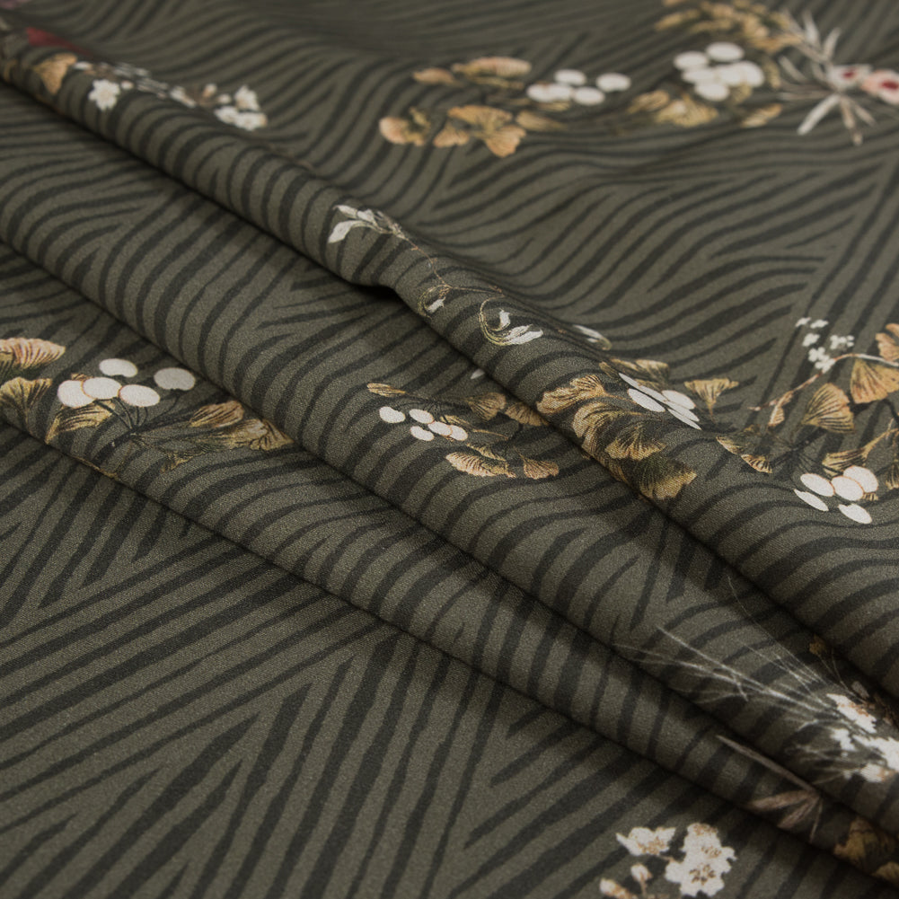 Stretch Cotton Sateen - Olive Zig Zag Stripes and Florals - Cultivation of Gratification Print - Mood Exclusive Avenable Collection