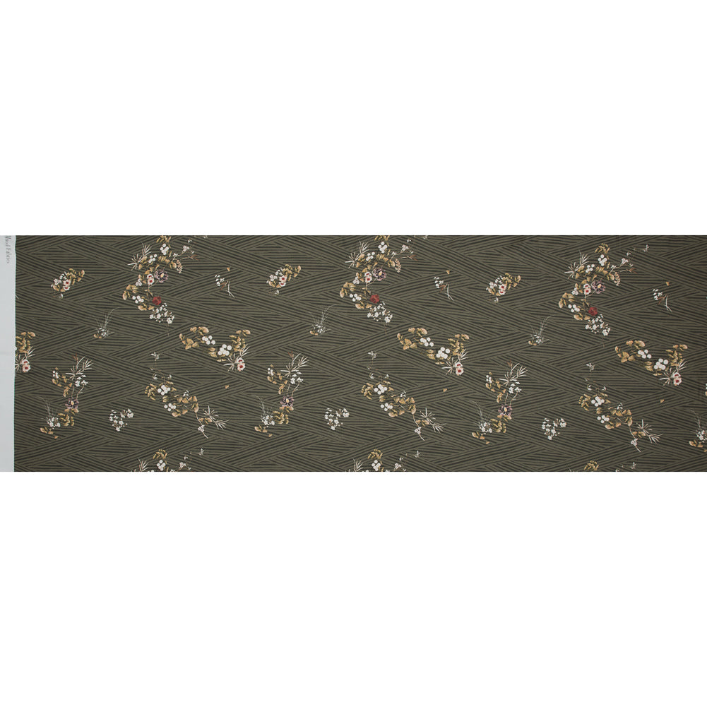 Stretch Cotton Sateen - Olive Zig Zag Stripes and Florals - Cultivation of Gratification Print - Mood Exclusive Avenable Collection