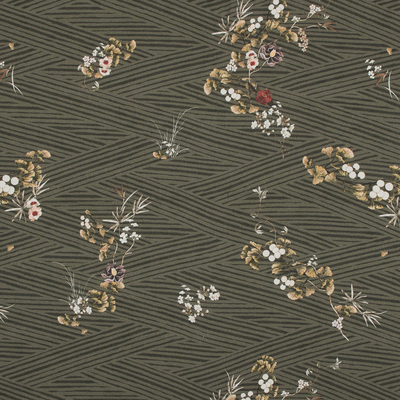 Stretch Cotton Sateen - Olive Zig Zag Stripes and Florals - Cultivation of Gratification Print - Mood Exclusive Avenable Collection