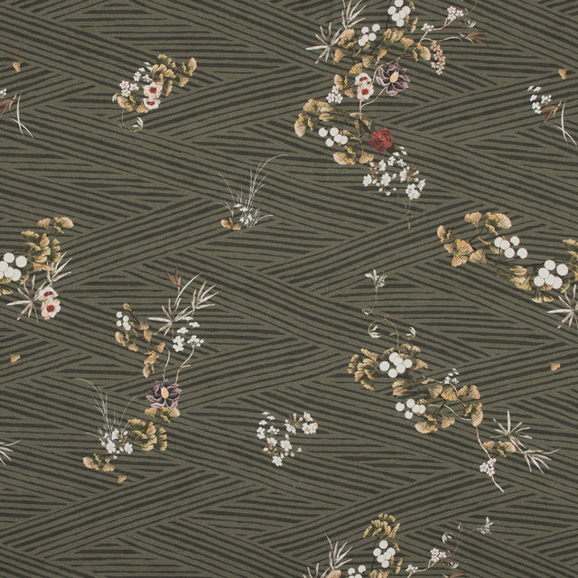 Stretch Cotton Sateen - Olive Zig Zag Stripes and Florals - Cultivation of Gratification Print - Mood Exclusive Avenable Collection