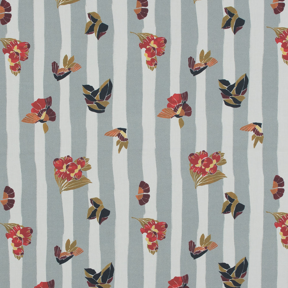 Cotton Poplin - Flowers over Gray Stripes - Flores de Vitalidad Print - Mood Exclusive Avenable Collection
