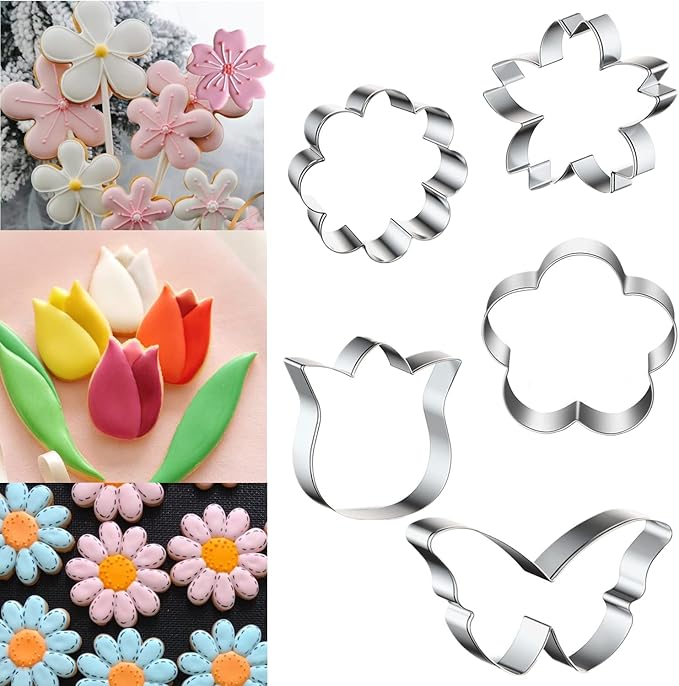 Spring Summer Flowers Cookie Cutters - Rose, Sunflower, Tulip, Daisy Flower, Butterfly, Stainless Steel Holiday Cookie Cutter Shapes for Baking Gift