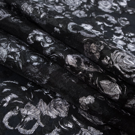 Black and Metallic Silver Luxury Floral Burnout Brocade