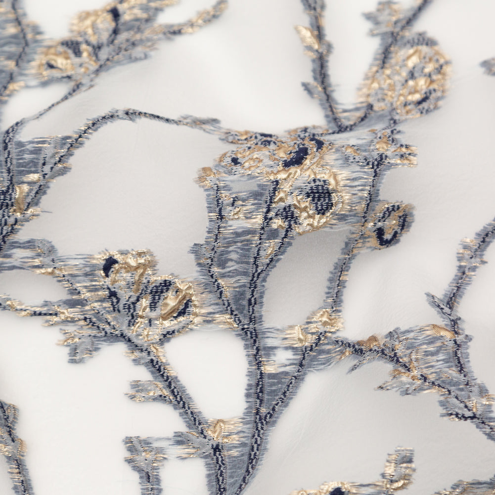 Navy and Metallic Gold Luxury Floral Burnout Brocade