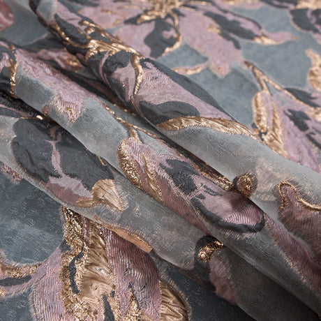 Mauve, Gray and Metallic Gold Luxury Floral Burnout Brocade