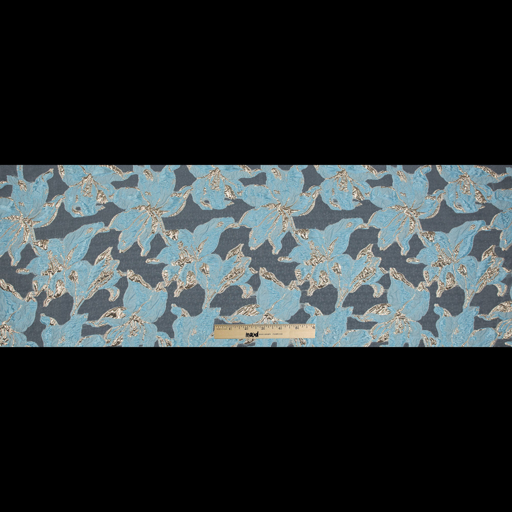 Sky Blue and Metallic Gold Luxury Floral Burnout Brocade