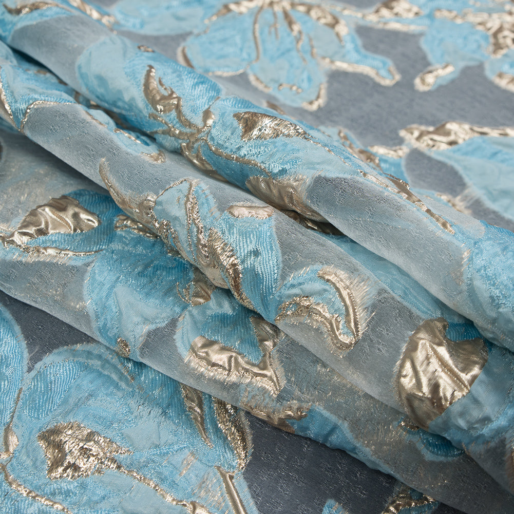 Sky Blue and Metallic Gold Luxury Floral Burnout Brocade