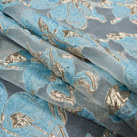 Sky Blue and Metallic Gold Luxury Floral Burnout Brocade
