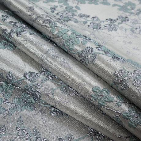 Aqua and Silver Luxury Floral Metallic Brocade