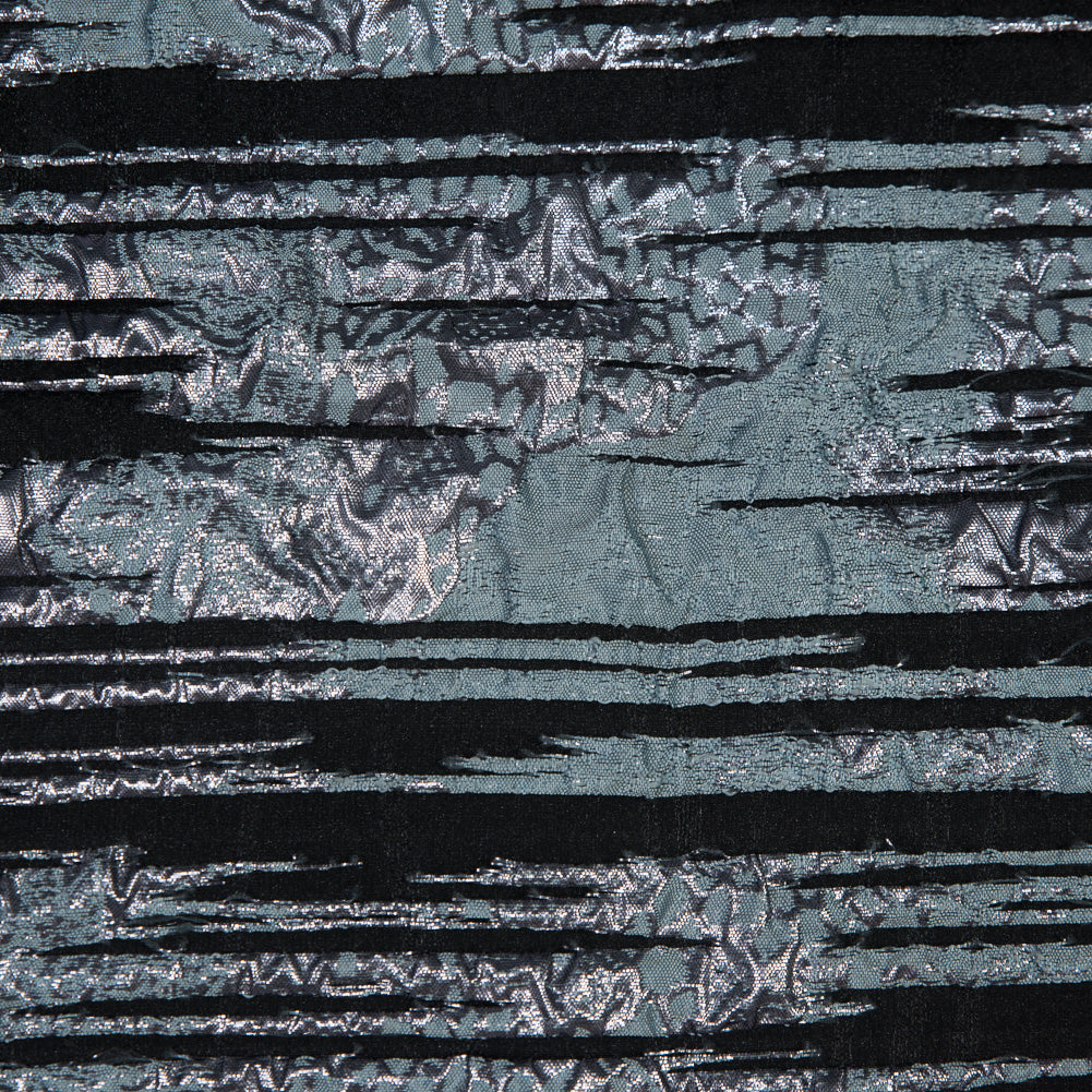 Black and Metallic Stone Blue Luxury Striated Burnout Brocade