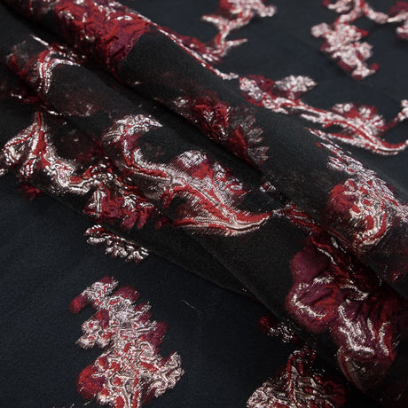 Red and Metallic Silver Luxury Abstract Burnout Brocade