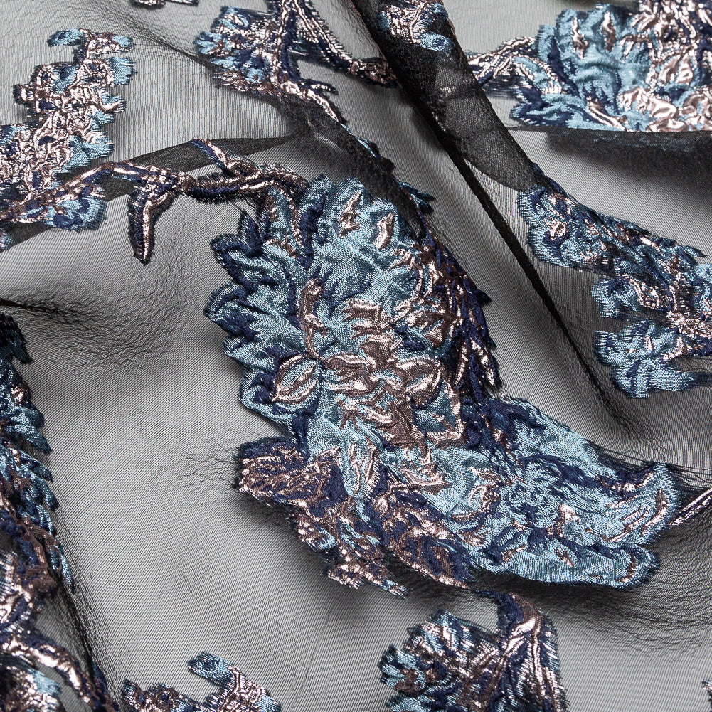 Metallic Blue Granite and Rose Gold Luxury Abstract Burnout Brocade