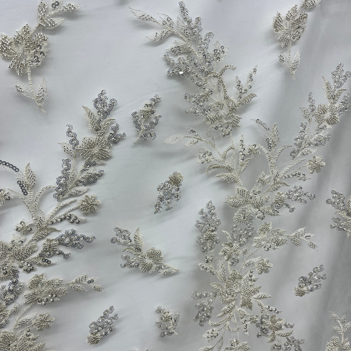 Beaded Lace Fabric Embroidered On 100 Percent Polyester Net Mesh - Gold, Silver, 52" Wide (1 Yard)