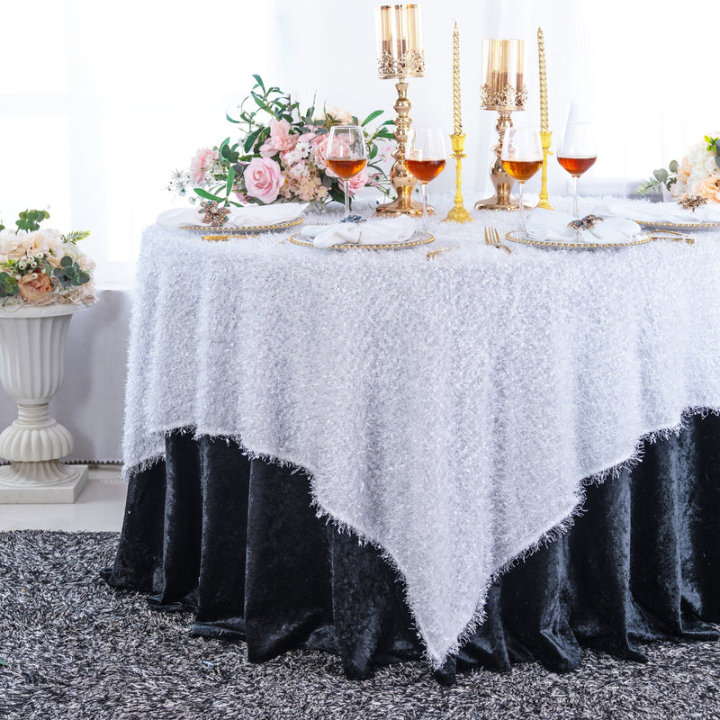 Square Table Overlay Shaggy Plush Fringe 60x60 White