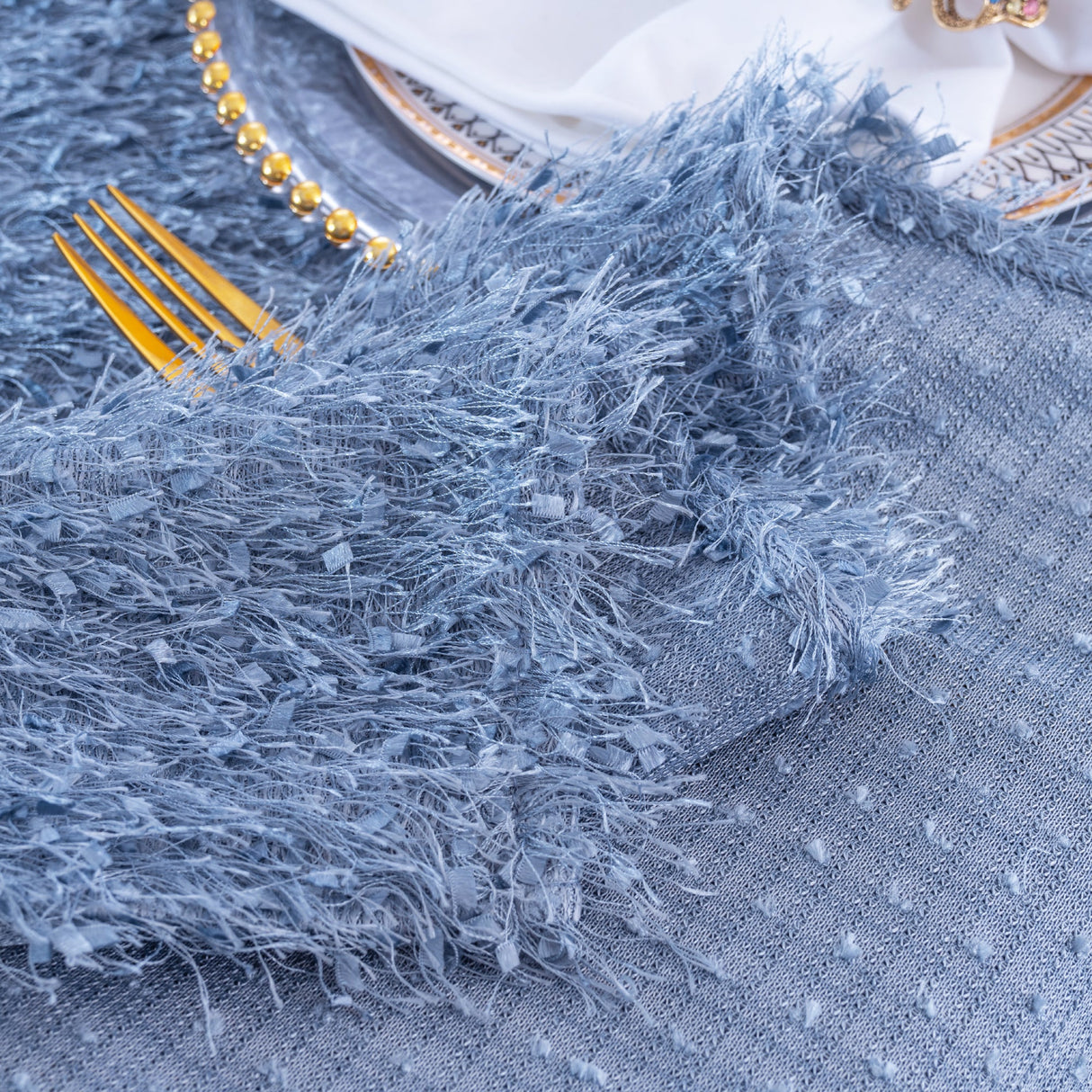 Rectangular Polyester Tablecloth Shaggy Plush Fringe 90x132 Dusty Blue