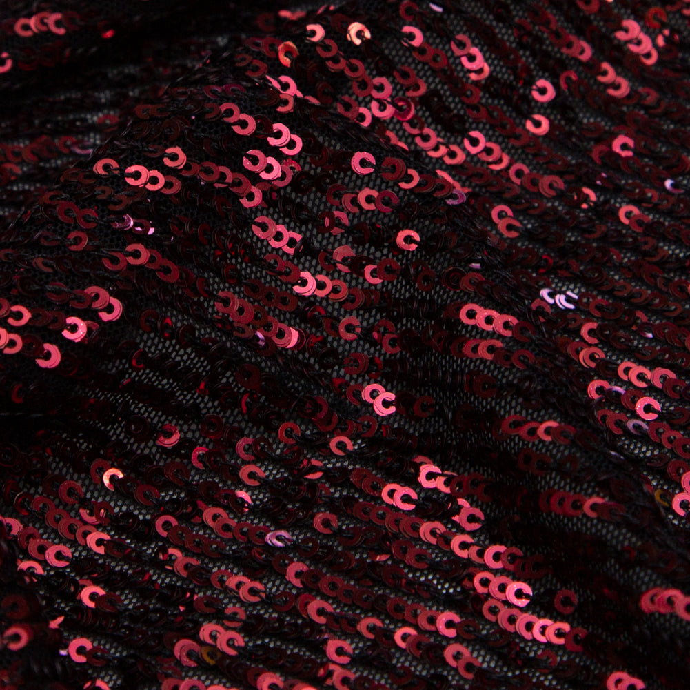 Stretch Mesh with Baby Sequins - Wine Stripes on Black