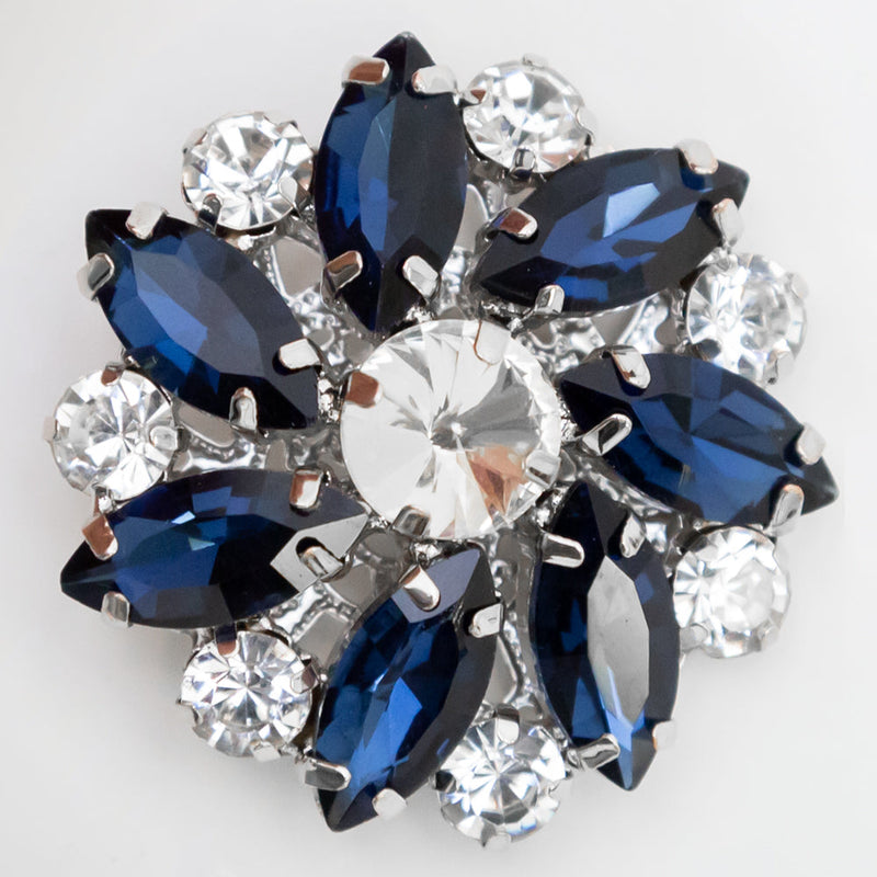 Italian Silver, Navy and Crystal Rhinestone Button - 58L/37mm