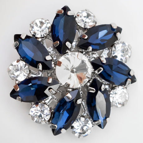 Italian Silver, Navy and Crystal Rhinestone Button - 58L/37mm