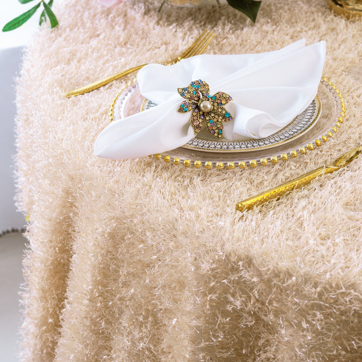 Round Polyester Tablecloth 132 Shaggy Plush Fringe Champagne