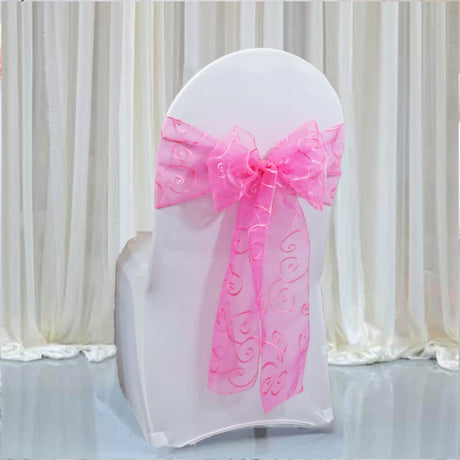 10 Pieces Bubble Gum Embroidered Organza Chair Sashes, Sheer 8"x108" Vibrant Decor