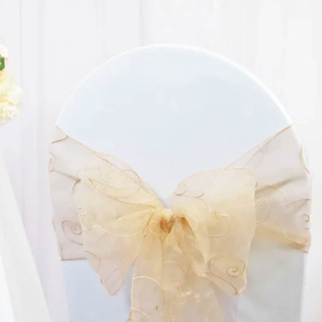10 Pieces Champagne Embroidered Organza Chair Sashes, Sheer 8"x108" Elegant Decor