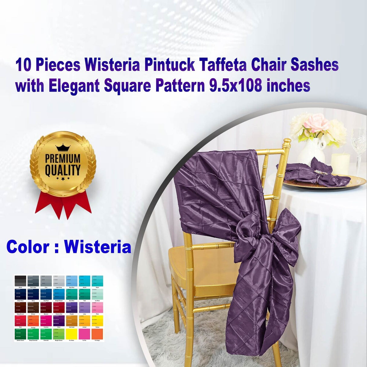 10 Pieces Wisteria Pintuck Taffeta Chair Sashes with Elegant Square Pattern 9.5x108 inches