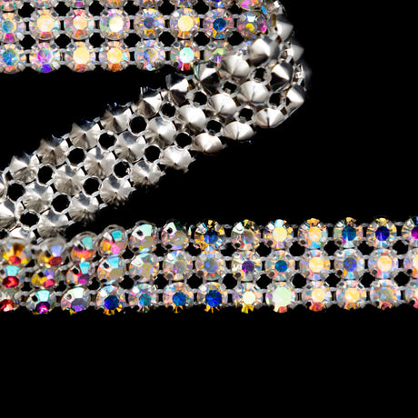 Silver and Iridescent Crystal 3-Row Rhinestone Trim - 0.625"