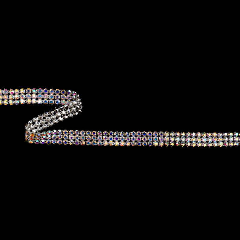 Silver and Iridescent Crystal 3-Row Rhinestone Trim - 0.625"