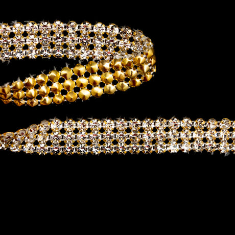 Gold and Crystal 3-Row Rhinestone Trim - 0.625"
