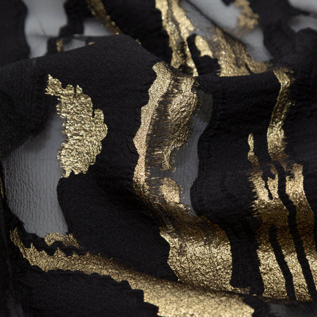 Metallic Gold and Black Luxury Crinkled Organza Burnout Brocade