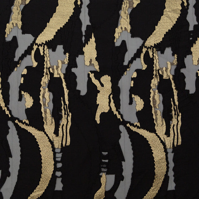 Metallic Gold and Black Luxury Crinkled Organza Burnout Brocade