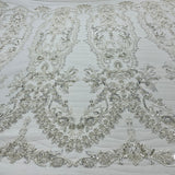 Beaded Lace Fabric Embroidered On 100 Percent Polyester Net Mesh - Off White, Antique Silver, White, 50" Wide (1 Yard)