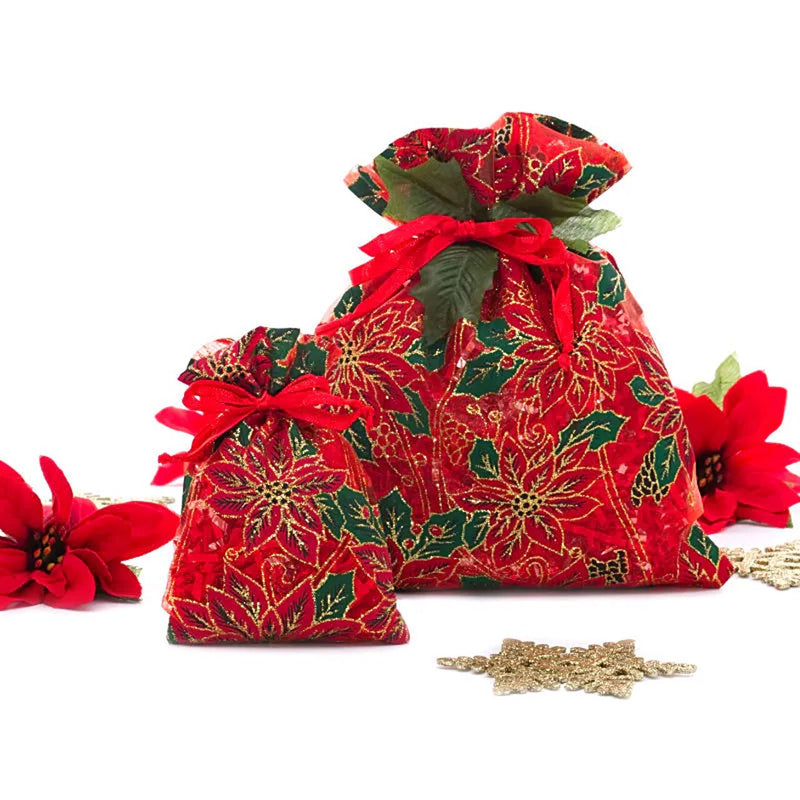 Red Poinsettias Sheer Fabric Bag 4” x 6” for Holiday Gifts