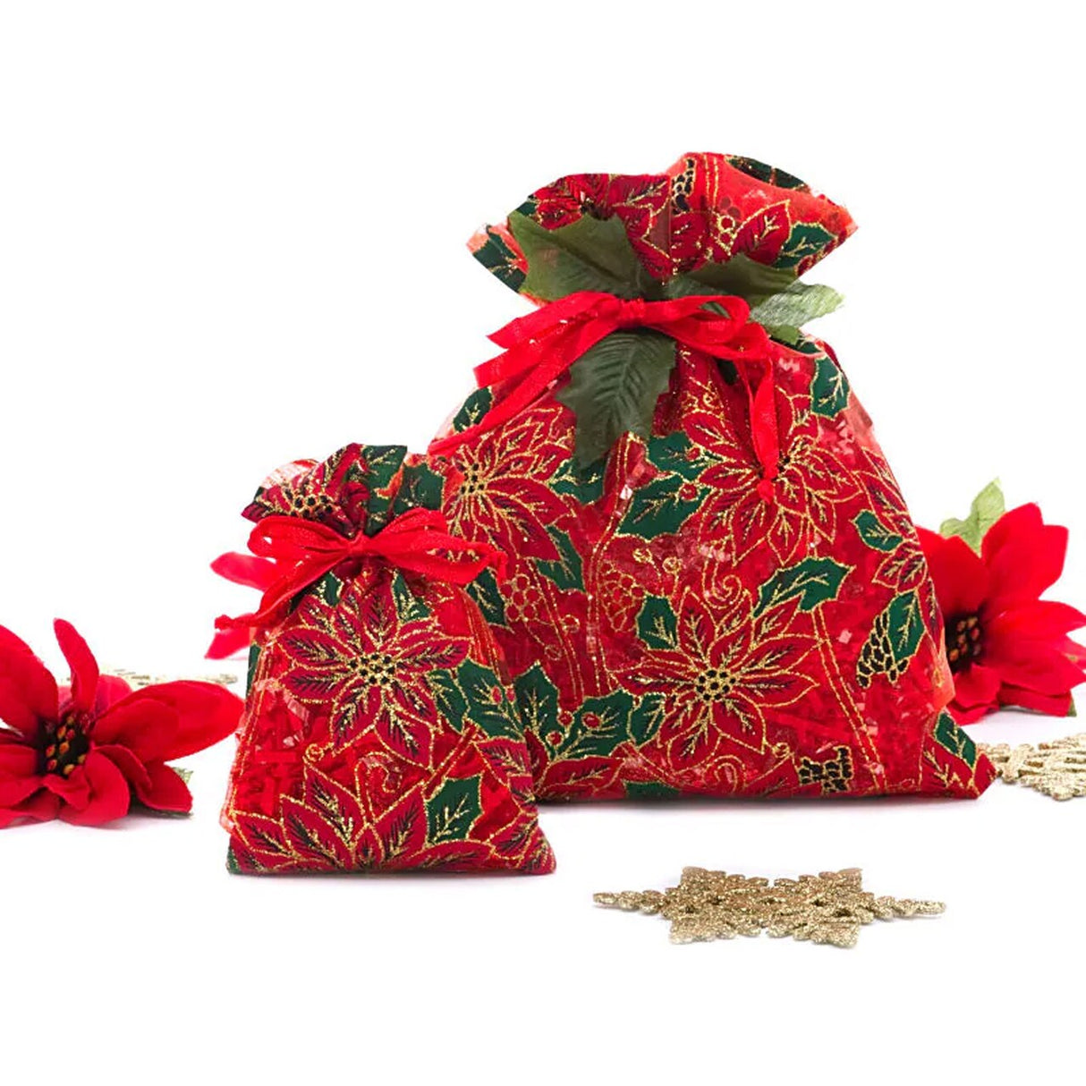 Red Poinsettias Sheer Fabric Bag 4” x 6” for Holiday Gifts