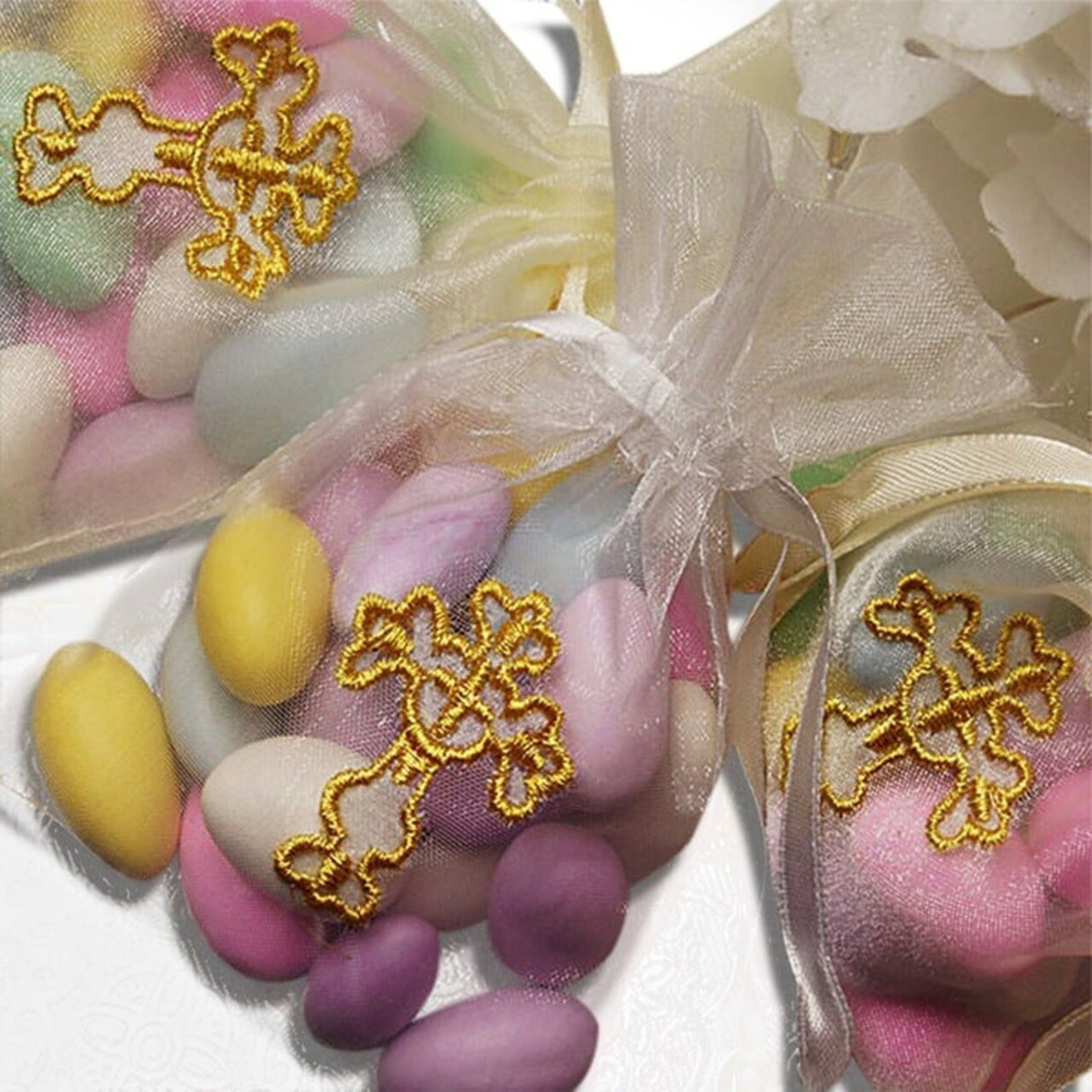 Golden Cross Embroidered Organza Bags 3 1/4'' x 4 3/4'' Gifts