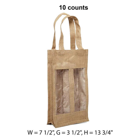 Jute Wine Bags with Window 7 1/2 '' X 3 1/2 '' X 13 3/4 '' Two Bottle