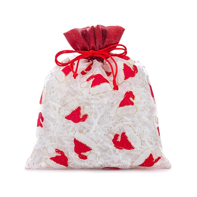 White & Red Santa Hats Sheer Bags 8” x 10” Holiday Packaging