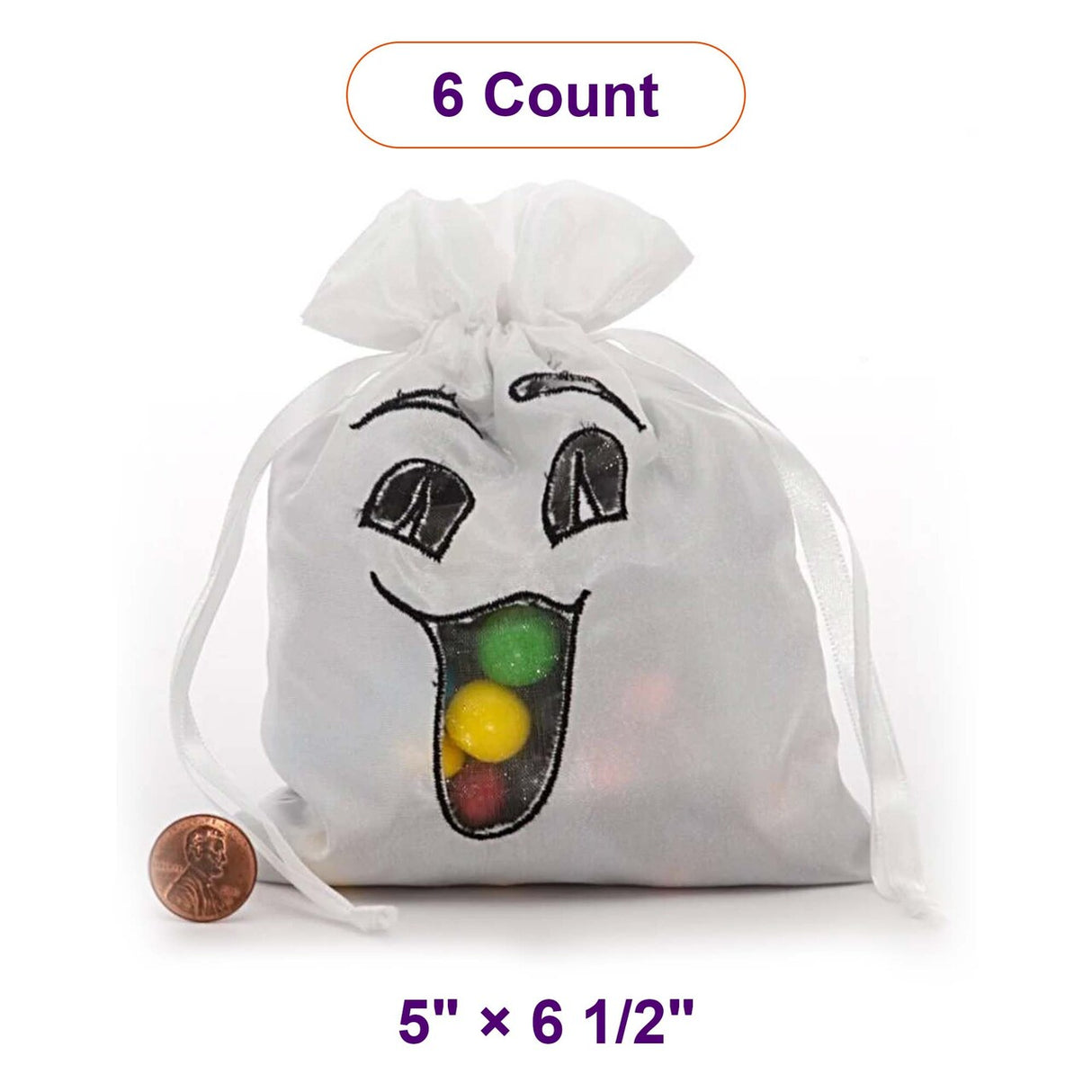 Halloween Taffeta Bags 5 '' x 6 1/2 '' White Ghost Face Color 6 EACH / PACKAGE