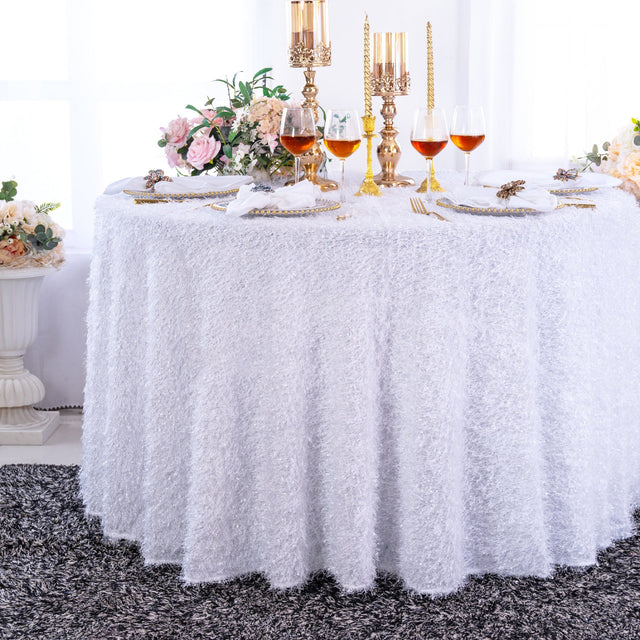 Round Polyester Tablecloth Shaggy Plush Fringe 132" White