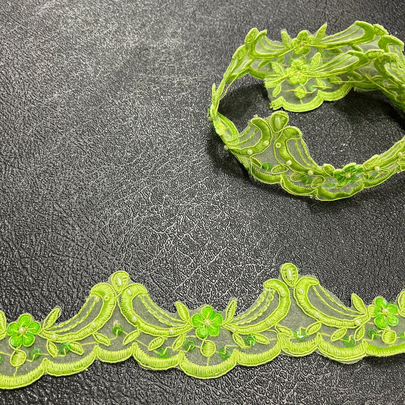 1 Yard Beaded & Corded Lace Trimming on 100% Polyester Organza, Elegant Embroidered Lace Fabric