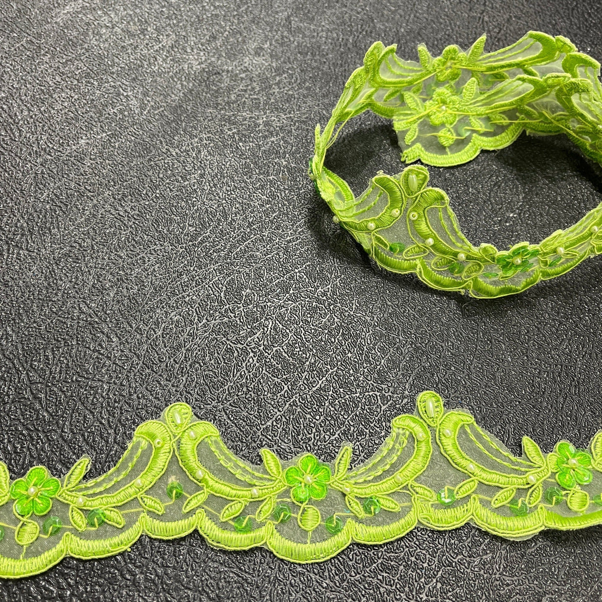 Beaded Corded Lace Trimming 100 Percent Polyester Organza Fabric - Lime Green, Turquoise, White, 1.75" Width (1 Yard)