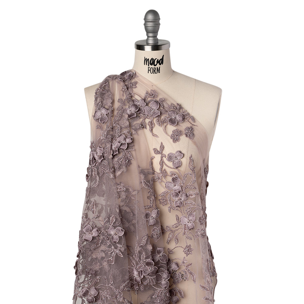3D Embroidered Lace with Beads and Scalloped Edges - Lilac Floral