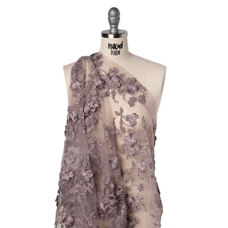 3D Embroidered Lace with Beads and Scalloped Edges - Lilac Floral