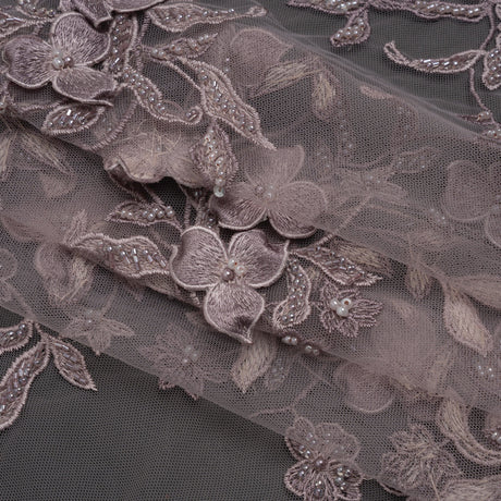 3D Embroidered Lace with Beads and Scalloped Edges - Lilac Floral
